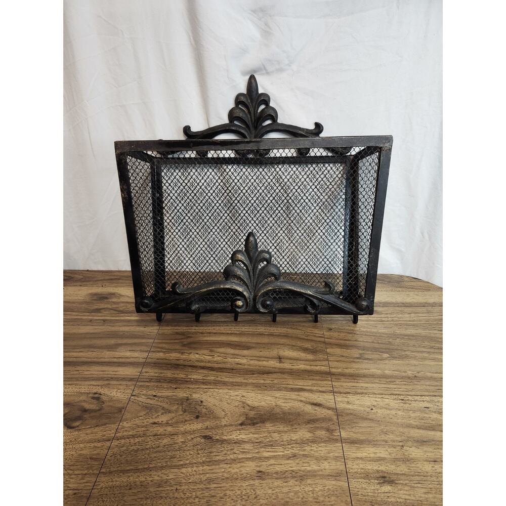 Vintage Black Hanging Wall Basket Storage Wrought Iron (?) Hooks Entry Way...